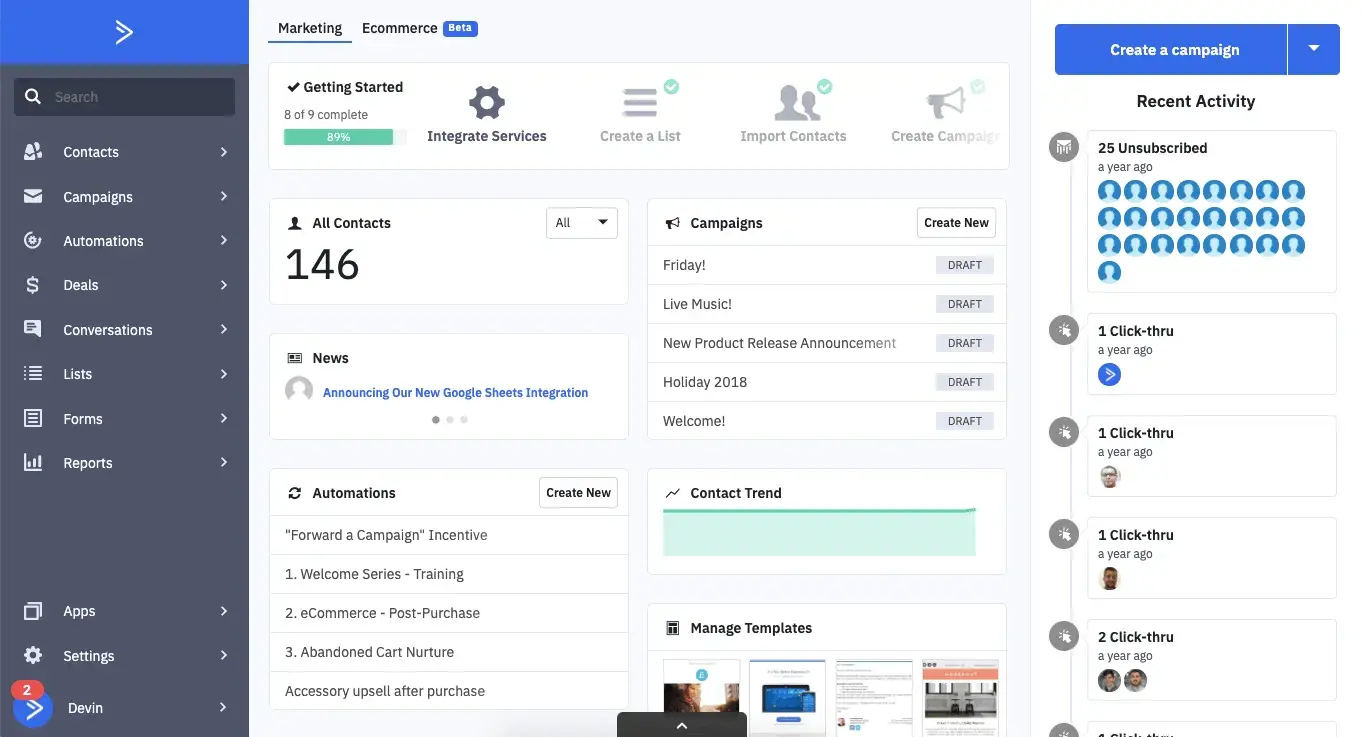 a screenshot of activecampaign’s email marketing user interface