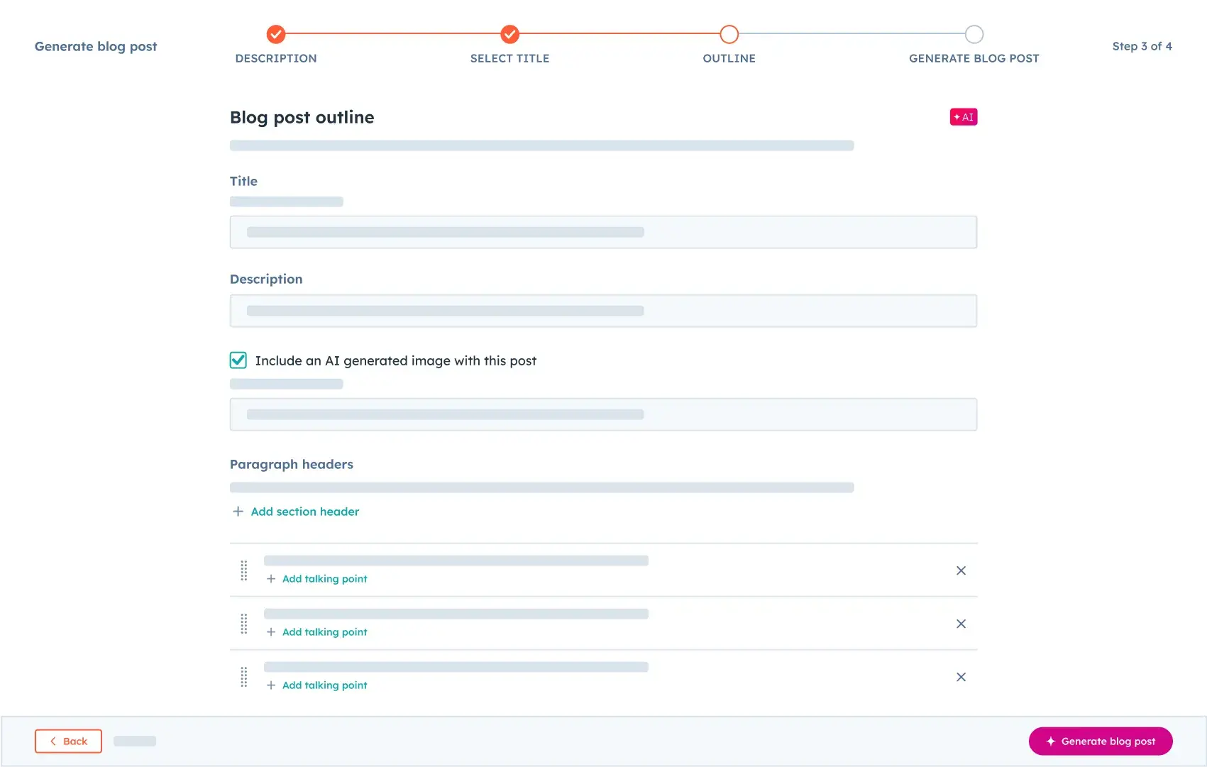 screenshot showing what the blog article generator looks for hubspot’s breeze ai.