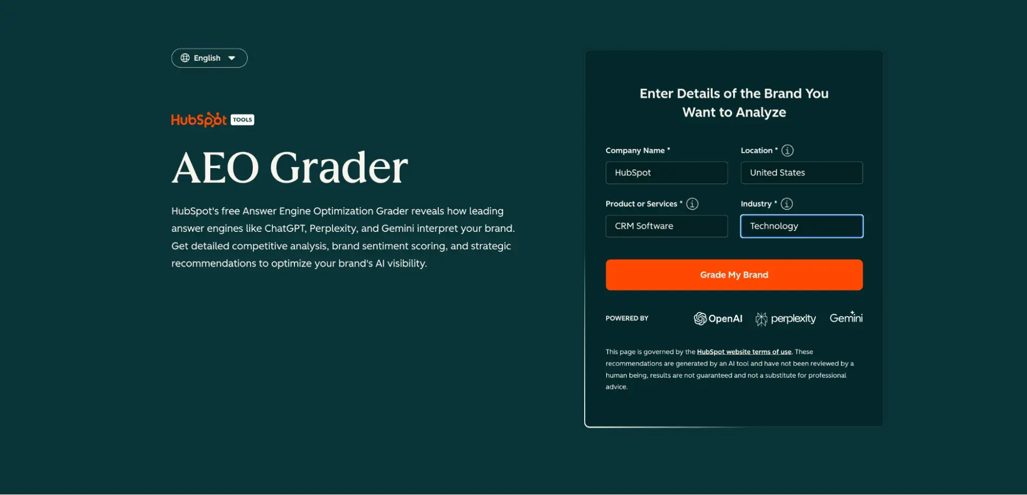 a screenshot of HubSpot’s answer engine optimization tool, the AEO grader