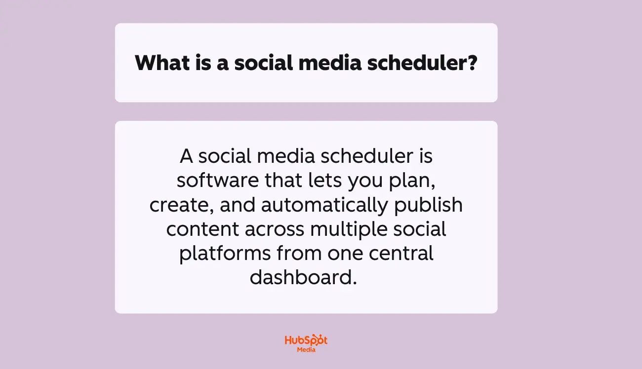a hubspot-branded image defining and explaining what a social media scheduler is in plain english
