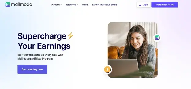 best affiliate programs for email marketing — mailmodo affiliate program landing page showing commission and referral details