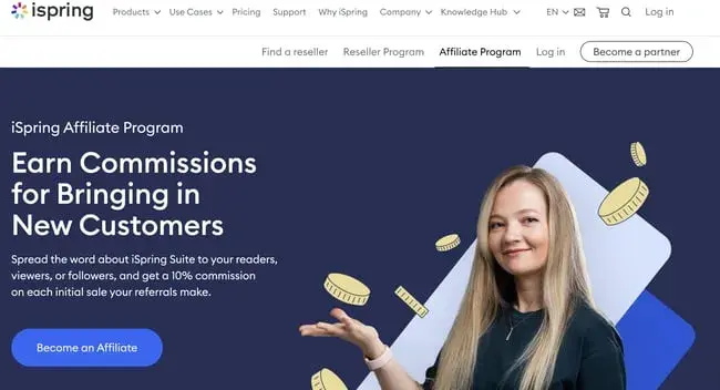 best affiliate programs for e-learning — ispring affiliate program homepage with commission structure for e-learning software referrals