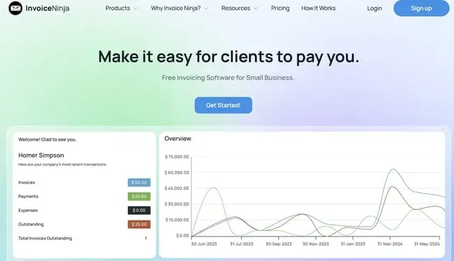 best affiliate programs for finance tools — invoice ninja affiliate program homepage with commission structure for referring invoicing software customers