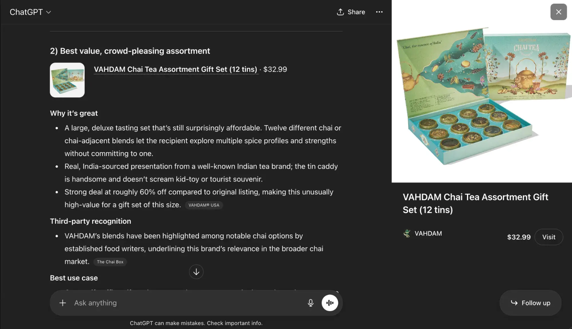 chatgpt product recommendations showing product details in a panel