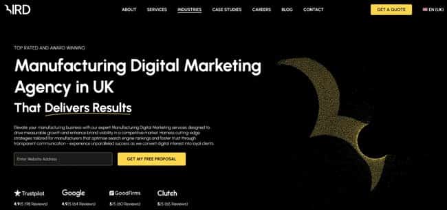 Screenshot of Bird Marketings targeted manufacturing service page, demonstrating effective AEO strategy for B2B.