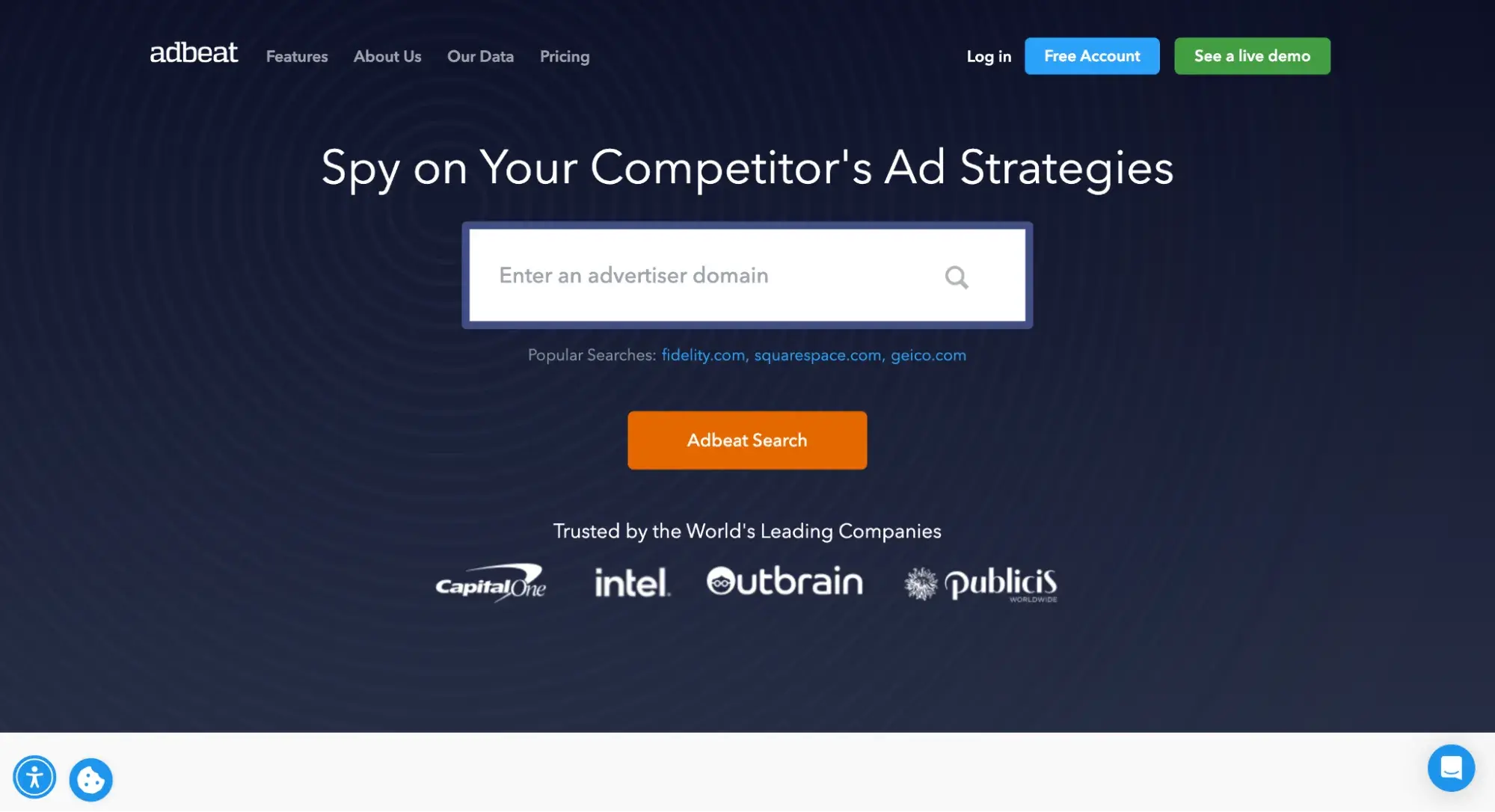 adbeat homepage with search bar to spy on competitor ad strategies, trusted by capital one, intel, outbrain, and publicis