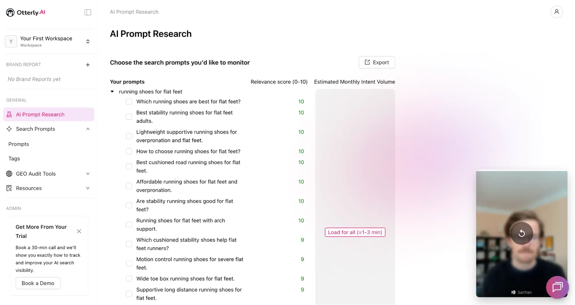 otterly ai prompt research interface listing search prompts with relevance scores for competitor monitoring in ai search