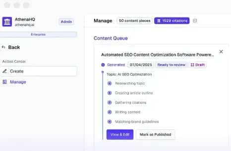 content workflow in AthenaHQ’s Action Center. The Action Center is a key differentiator in any Profound vs Athena AI for AEO comparison.