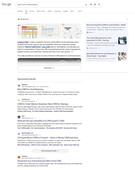 screenshot from google shows why an aeo strategy for b2b is key. for searches, vendors are showing up in ai overviews above ads and organic listings.