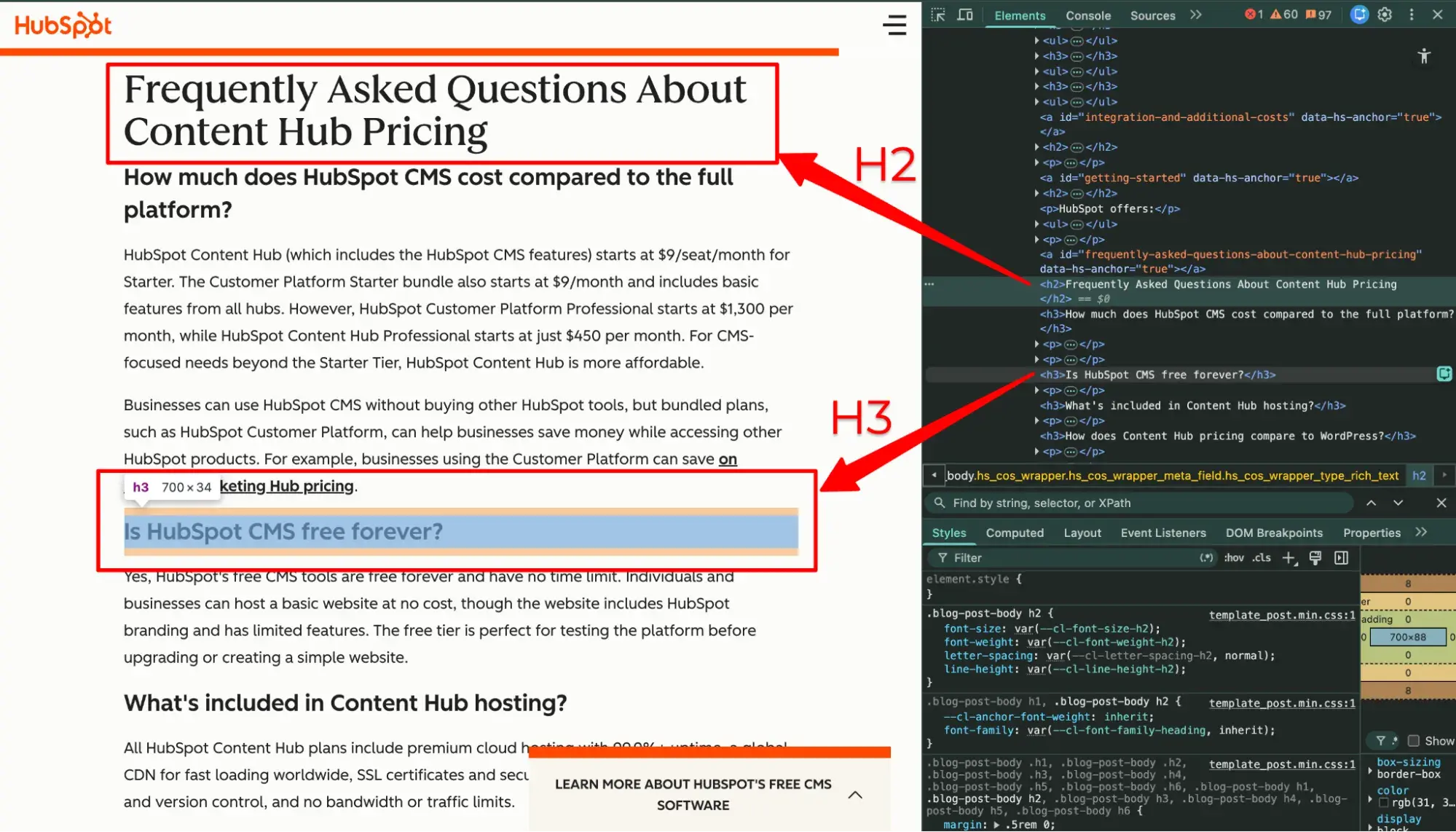 HubSpot Content Hub pricing page FAQ section with a descriptive H2 (“Frequently Asked Questions About Content Hub Pricing”) and individual questions formatted as H3s