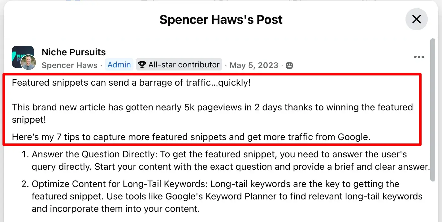 Facebook post from 2023 from a blogger happy that featured snippets are sending him traffic