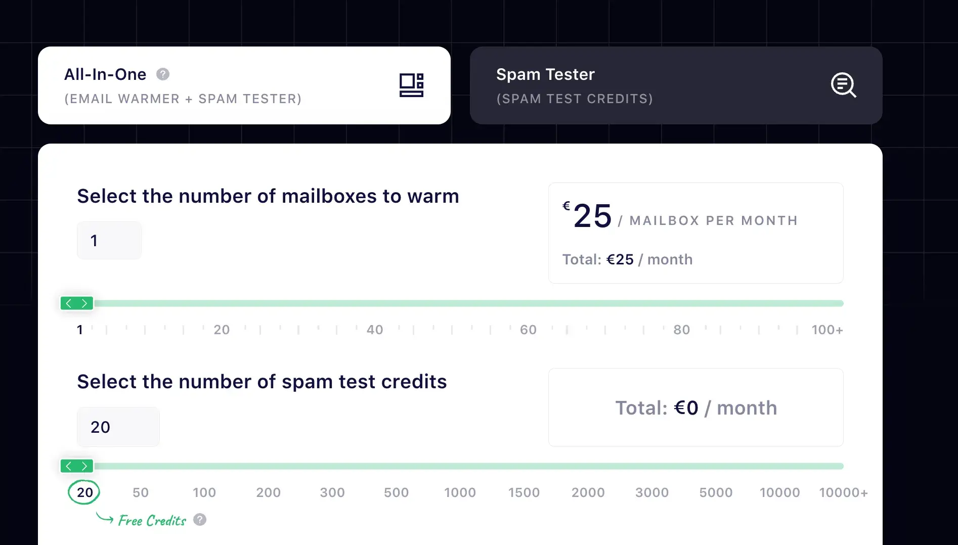 pricing for email marketing platform mailreach, dependent on the number of spam test credits and mailboxes to warm