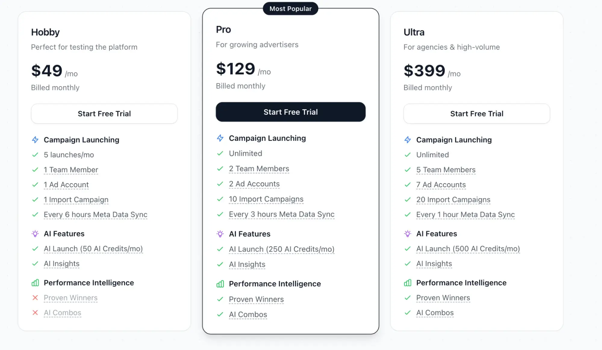pricing tiers for adstellarai hobby, pro, and ultra