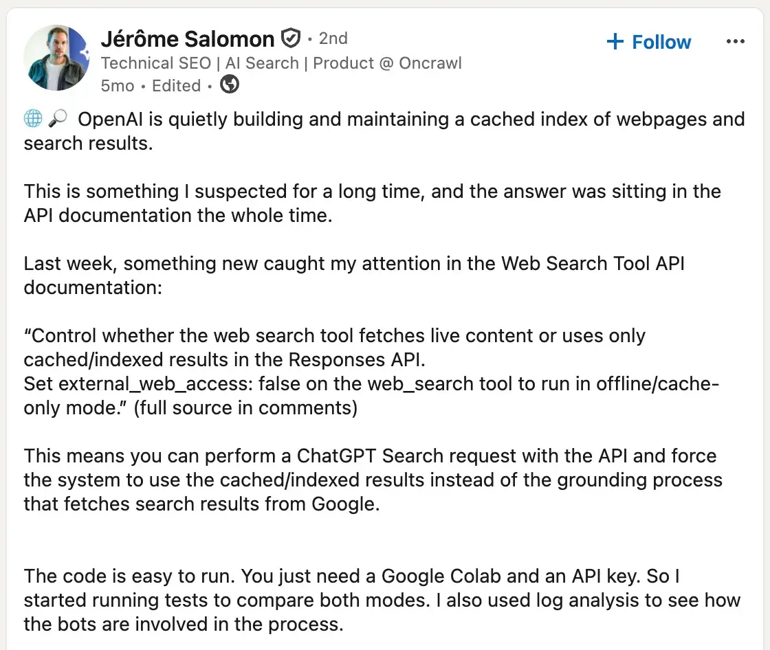 LinkedIn post from Jérôme Salomon describing OpenAI's cached index and external_web_access parameter in the API documentation