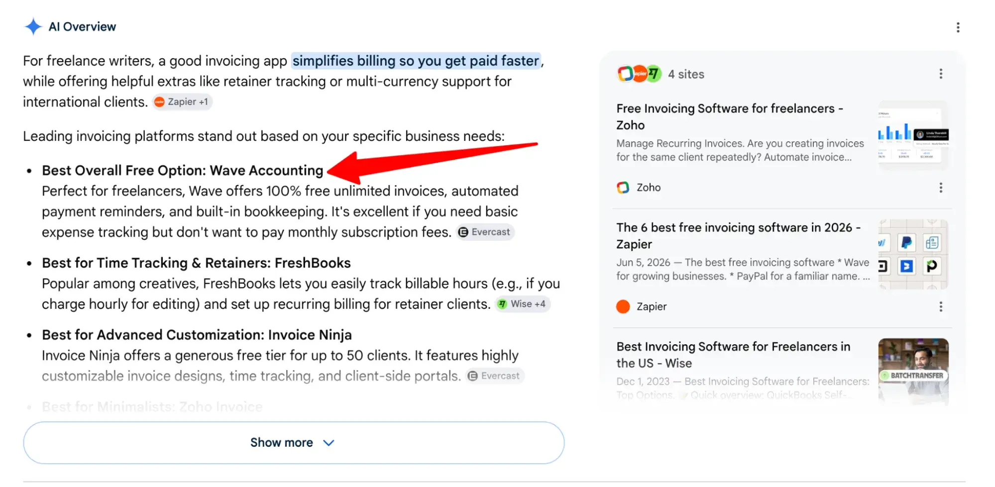 Google AI Overview result for invoicing apps with bullet points, inline citations, and source panel showing related articles