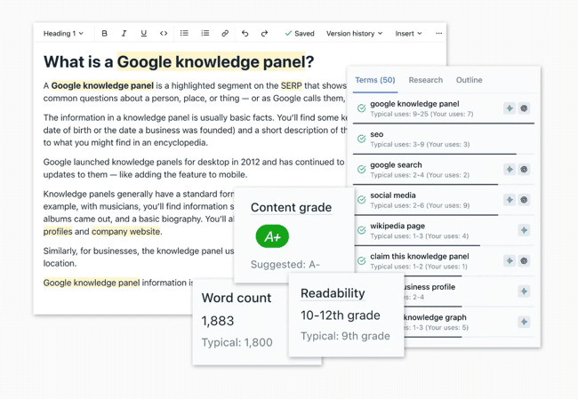Content optimization tool Clearscope showing a content grade of A+, keyword term suggestions, word count, and readability scoring in its editor