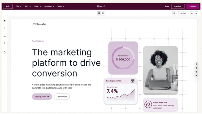 Content optimization tool HubSpot Content Hub showing the drag-and-drop page editor building a marketing landing page, with the publishing toolbar and editing panel