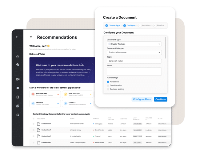 Content optimization tool MarketMuse showing a content recommendations hub and a Create a Document panel for configuring a cluster analysis brief by topic and funnel stage