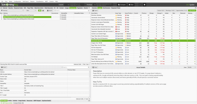 Content optimization tool Screaming Frog SEO Spider showing a site crawl with prioritized issues, crawled URL list, and issue detail panel for canonical fixes