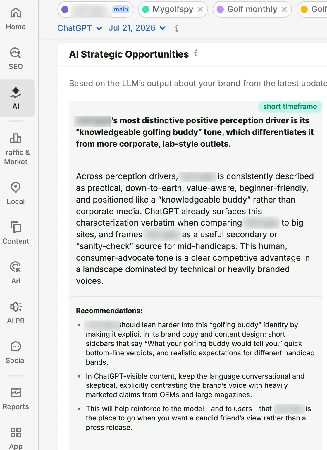 Semrush AI Strategic Opportunities showing brand perception analysis and recommendations