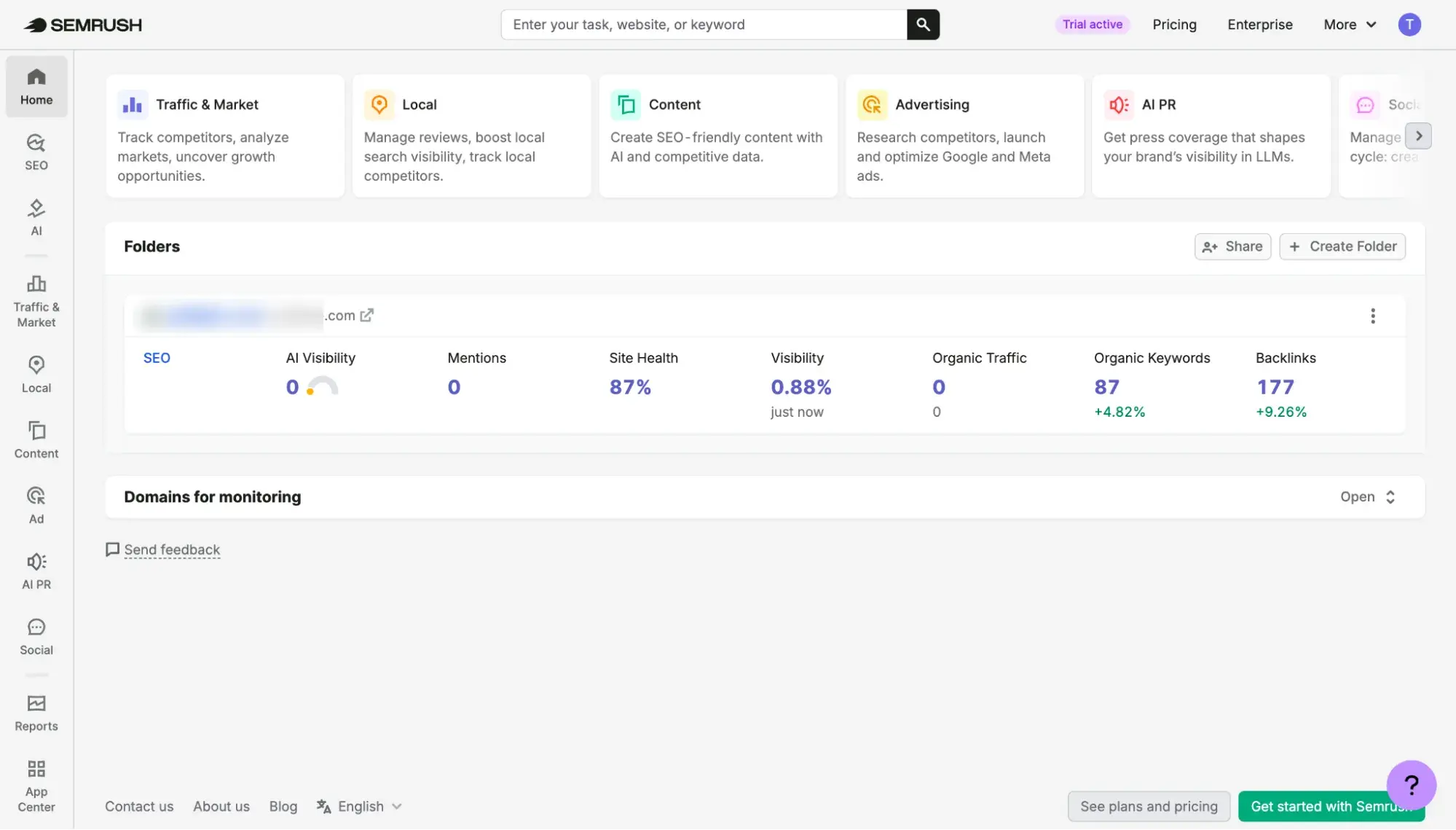 Semrush home dashboard
