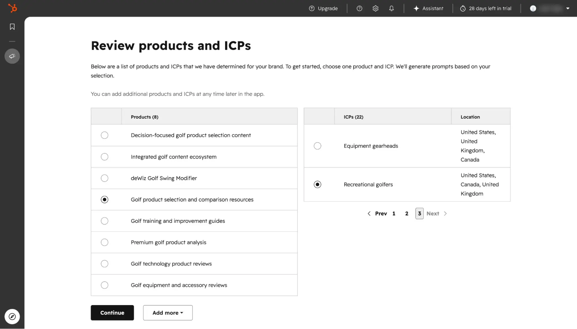 HubSpot AEO onboarding form for selecting product and ideal customer profile
