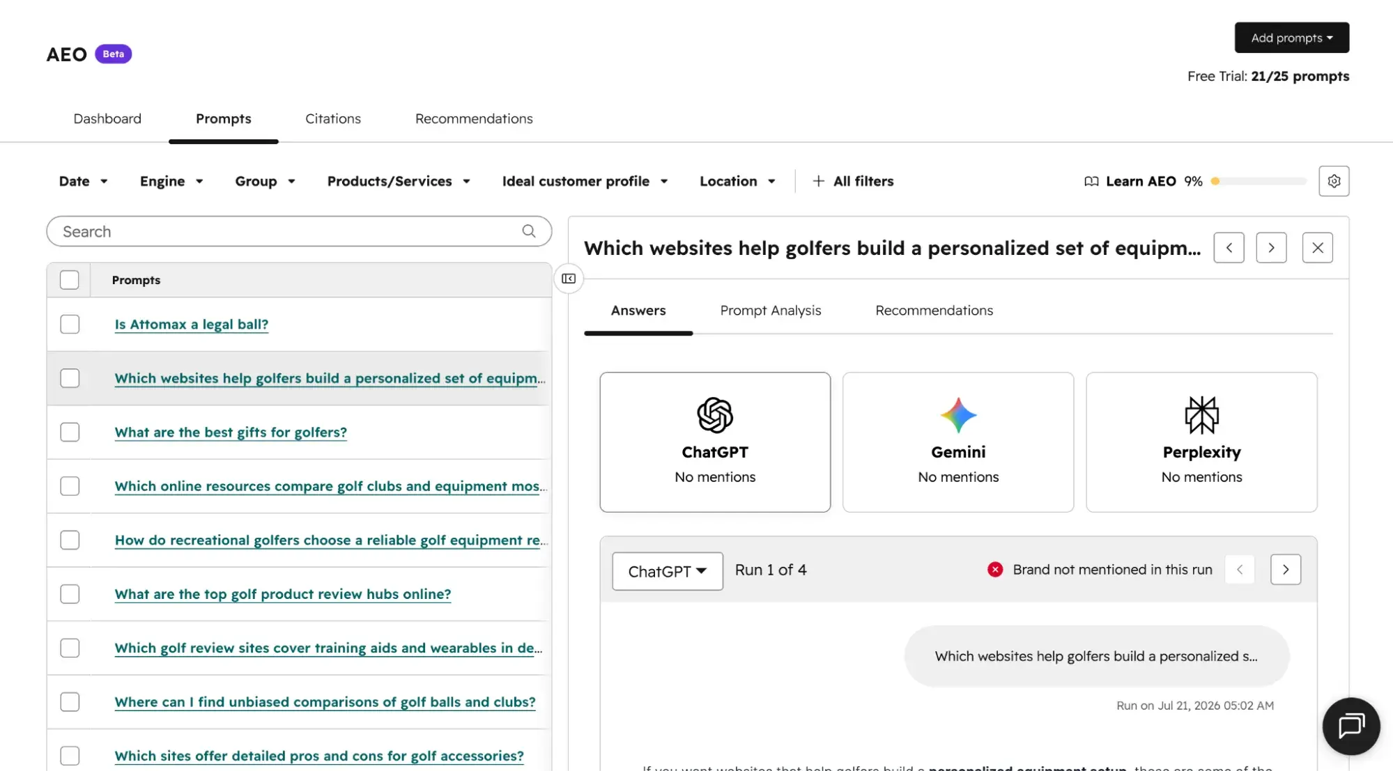 HubSpot AEO Prompts tab displaying tracked golf-related prompts with mention status across ChatGPT, Gemini, and Perplexity