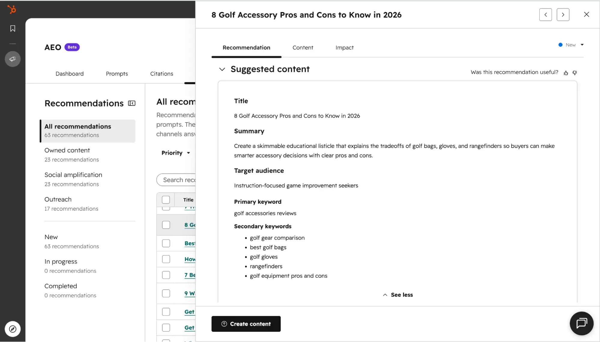 HubSpot AEO Recommendations tab with suggested blog post title, keywords, and target audience