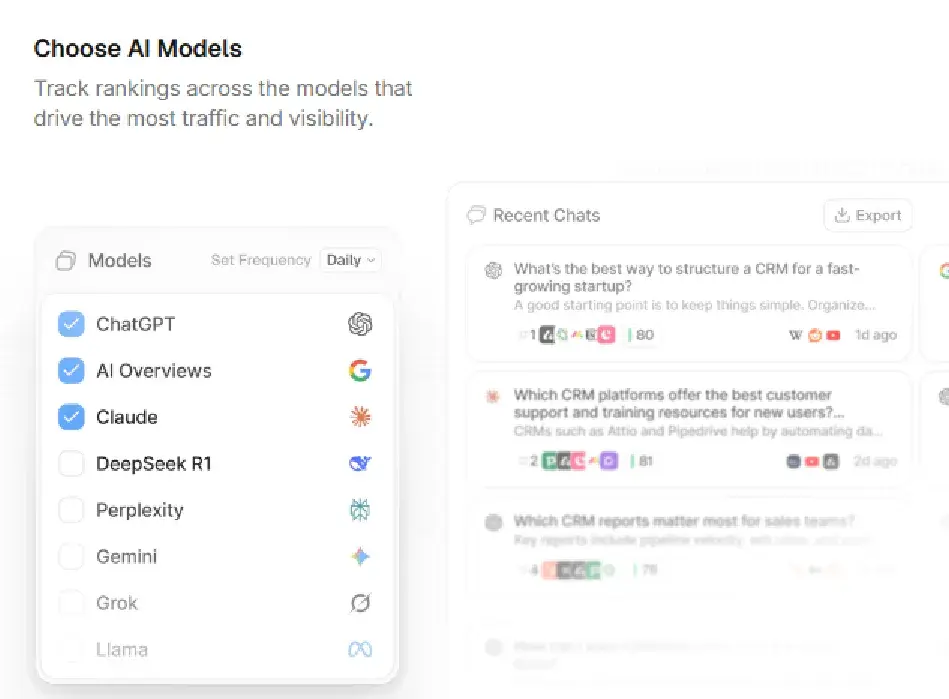 Screenshot shows the different AI models that you can analyze in Peec AI.