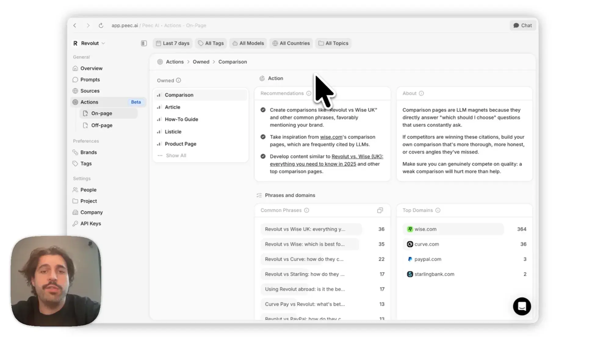 Screenshot from Peec AI shows a differentiator between profound AI vs Peec AI comparison because Peec AI separates actions into on-page and off-page, and provides a list of strategic actions.