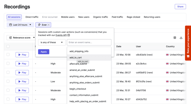 b2b seo tools: Contentsquare session recordings filtered by an add-to-cart event