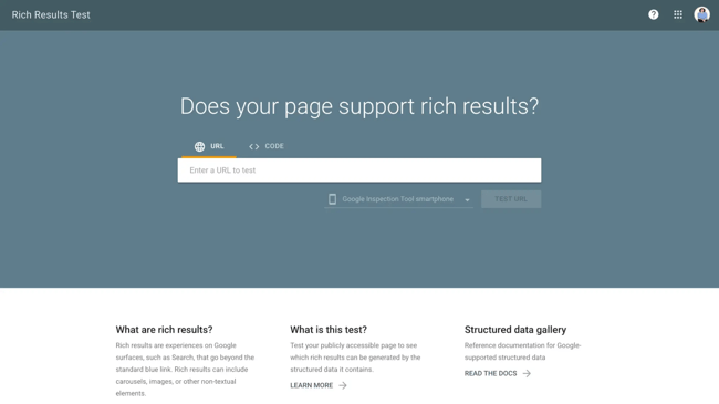 AI search optimization tools, Google Rich Results Test interface with fields for testing a URL or code for rich-result eligibility