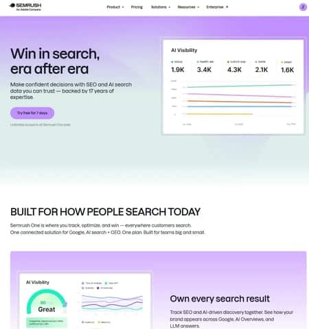 Semrush One AEO visibility module showing brand visibility trends and metrics for tracking SEO and AI search performance