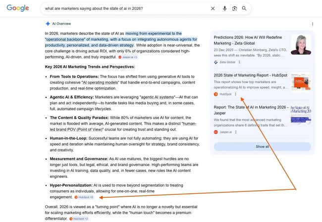 Google AI Overviews response showing AI marketing trends with clickable source citations demonstrating AEO citations