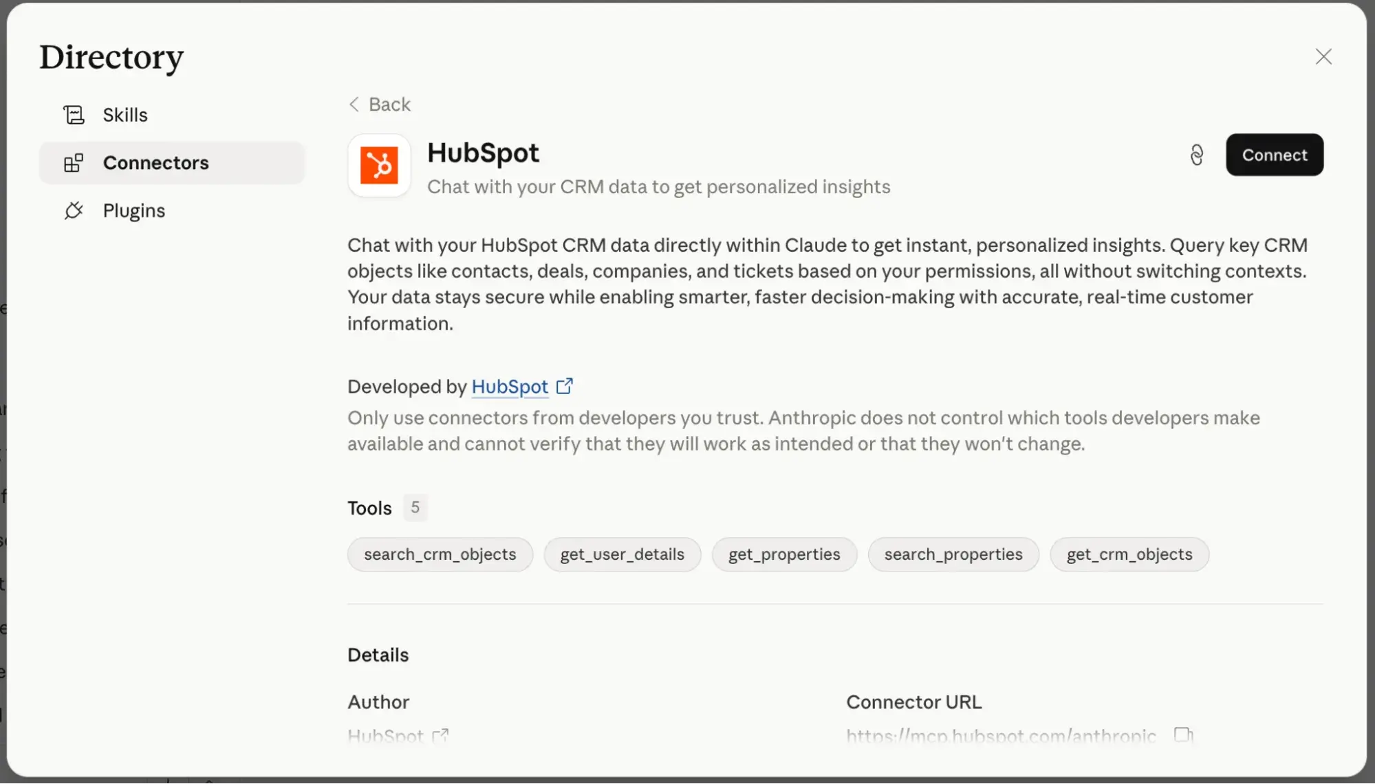 best claude skills, claude directory showing HubSpot