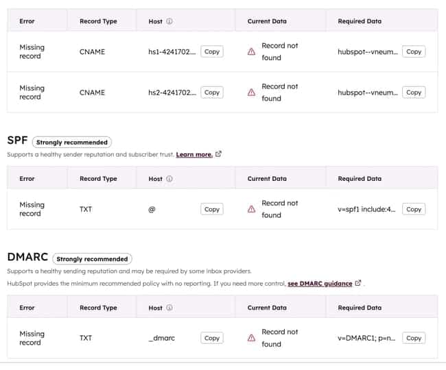 HubSpot enterprise email marketing software authentication panel showing missing CNAME, SPF, and DMARC records that must be corrected before sending.