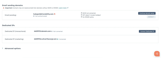HubSpot enterprise email marketing software settings showing an authenticated sending domain and separate dedicated IP addresses for marketing and transactional email.