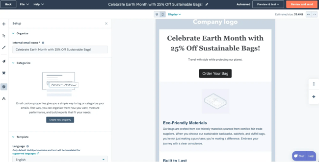 HubSpot enterprise email marketing software editor showing campaign setup, an Earth Month email preview, and review-and-send controls.