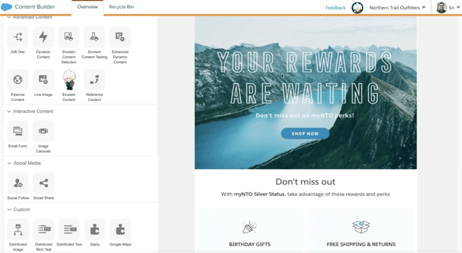 Salesforce Marketing Cloud Content Builder showing reusable content blocks beside a personalized customer rewards email.