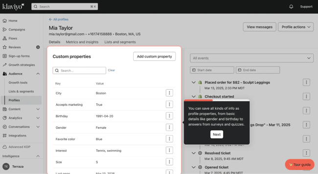 Klaviyo customer profile showing custom properties and an activity timeline used to personalize commerce emails.