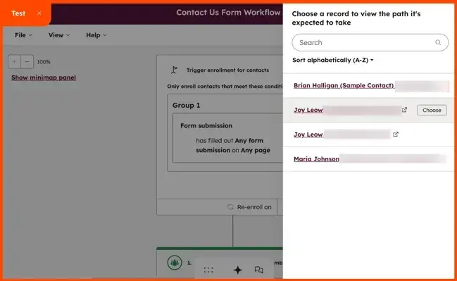 HubSpot workflow test screen for selecting a CRM record and previewing its transactional email automation path before launch.