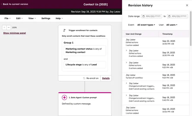 HubSpot workflow revision history showing when transactional email automation steps were added, changed, or deleted.