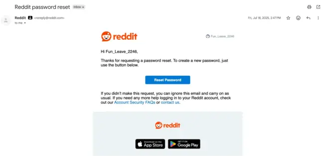 Reddit transactional email with a password reset button and guidance for recipients who did not request the change.