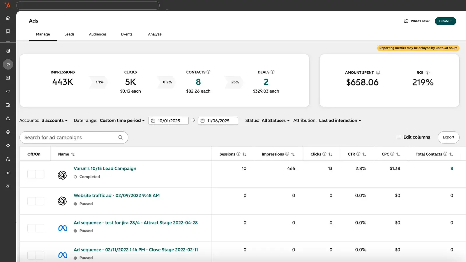 chatgpt ads vs google search ads, HubSpot ads dashboard showing campaign performance metrics comparing ChatGPT ads vs Google Search ads results