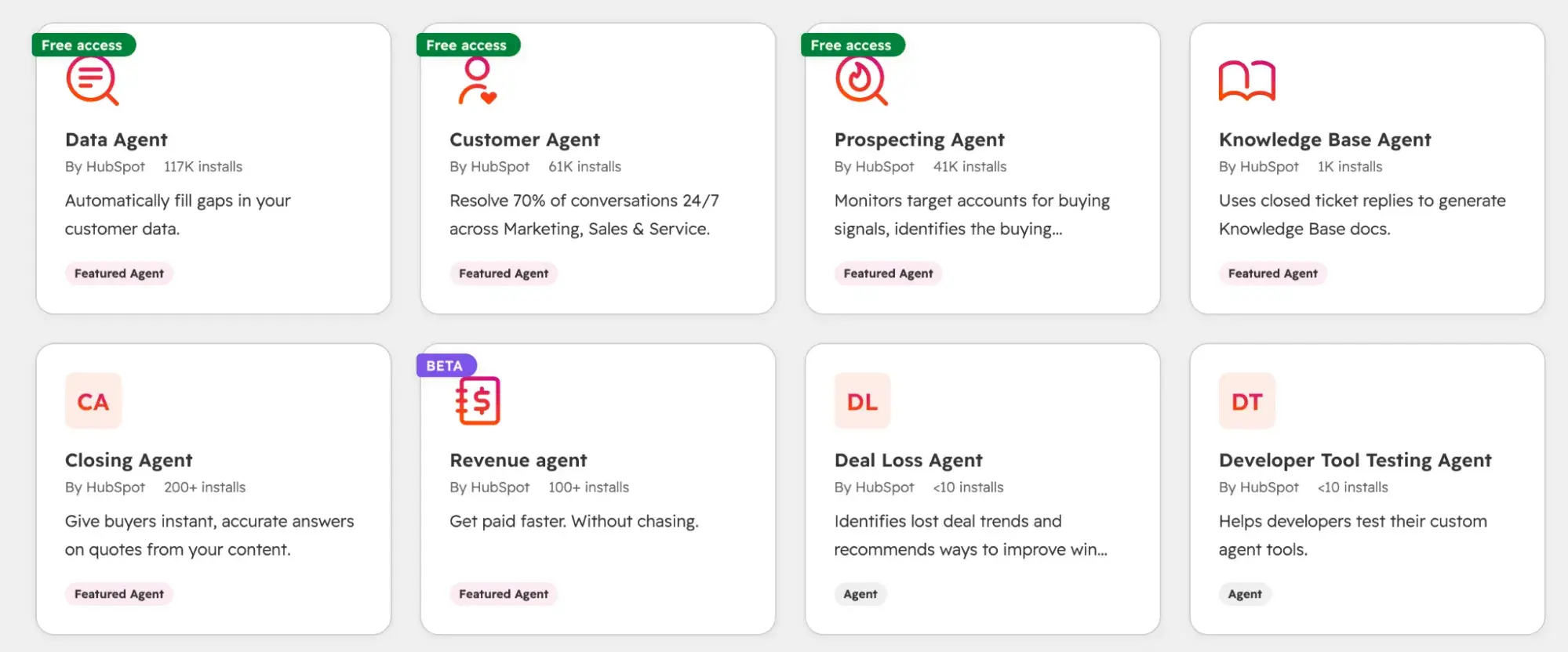 HubSpot’s agent marketplace displays prebuilt agents for data enrichment, customer service, prospecting, knowledge base creation, and deal analysis.