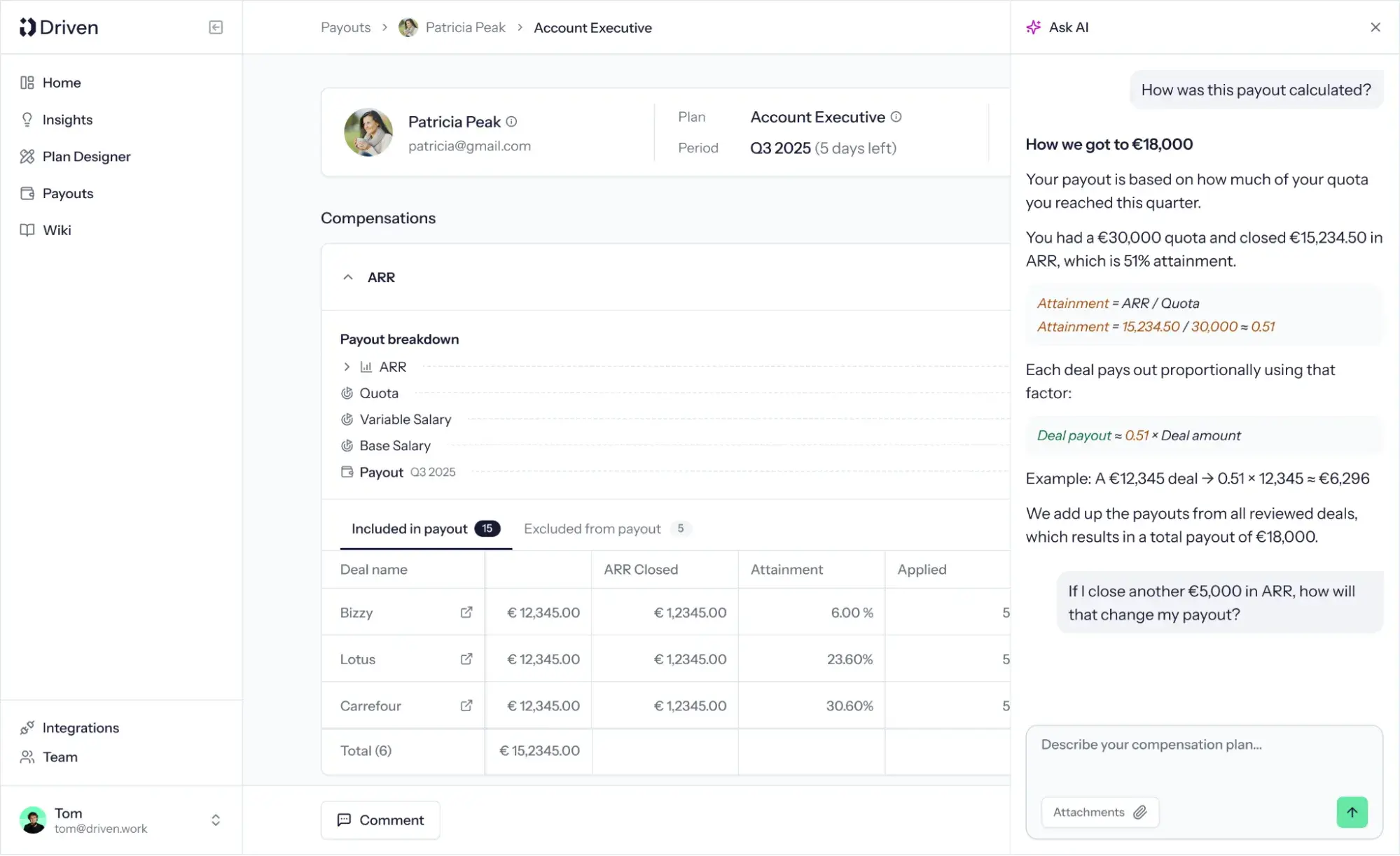 Driven’s payout dashboard pairs a deal breakdown with an AI explanation of how quota attainment affects commission.