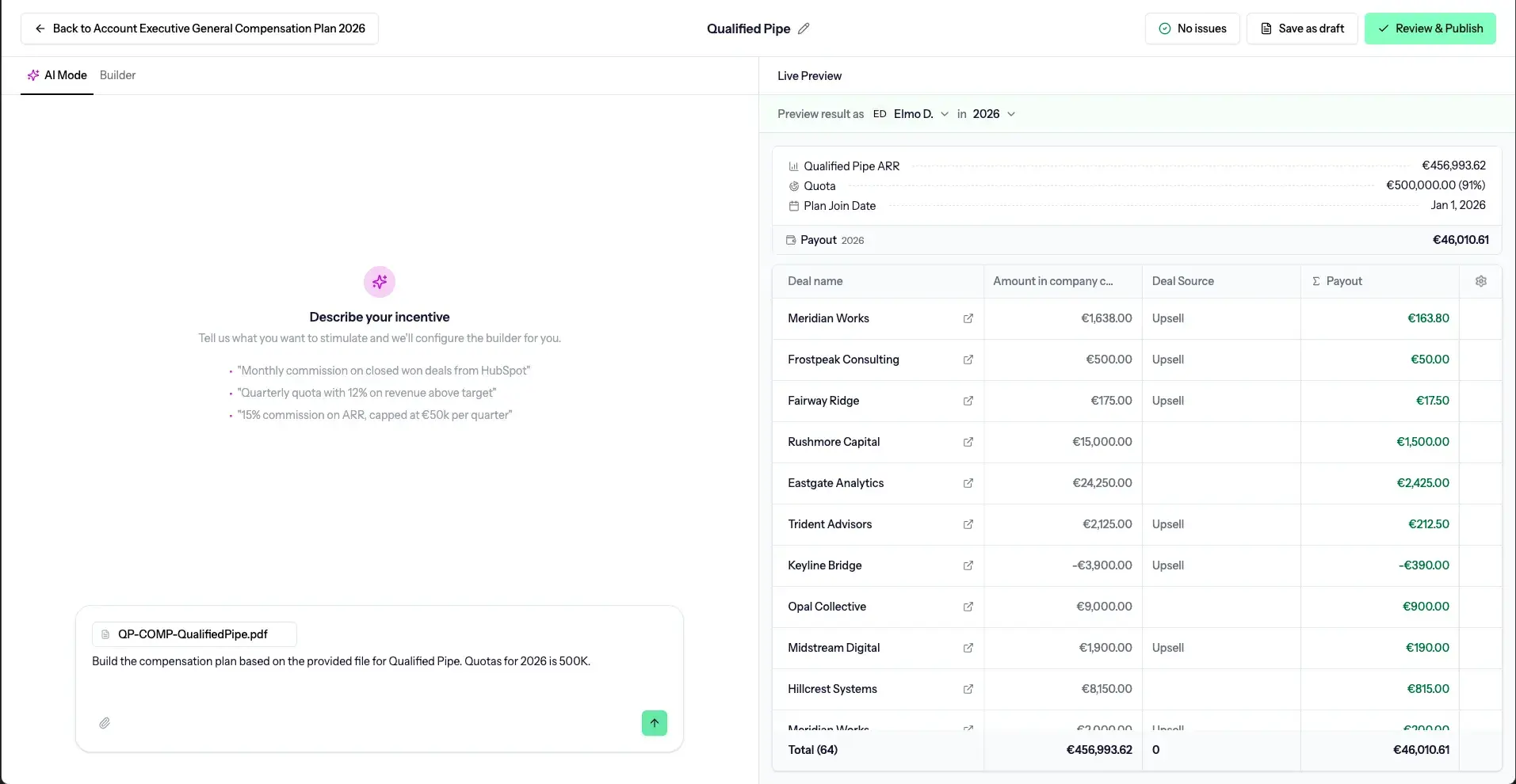 Driven’s AI plan builder uses an uploaded compensation document to display a live preview of deal-level payouts.
