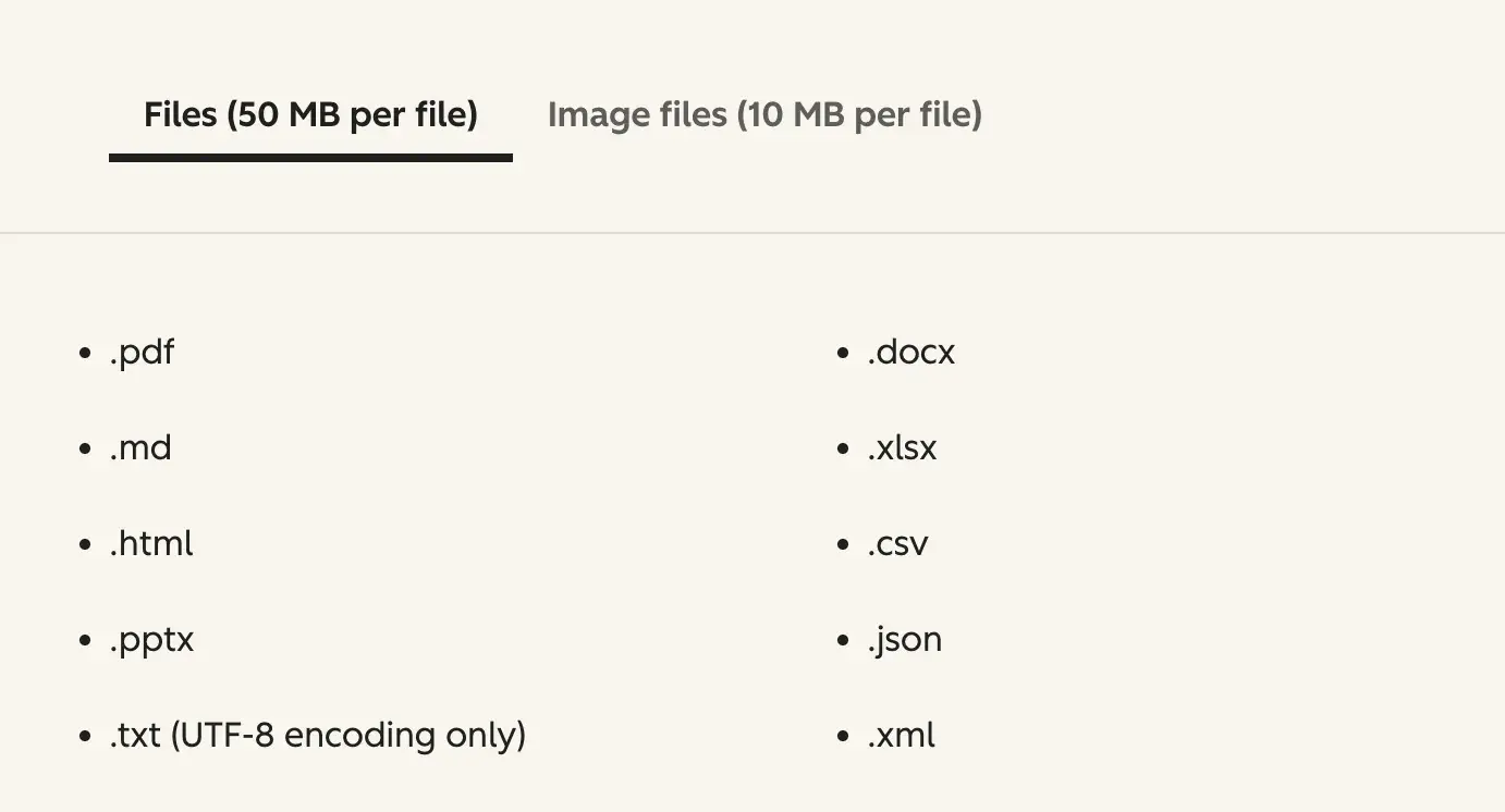 Supported knowledge vault uploads include PDF, Markdown, HTML, PowerPoint, text, Word, Excel, CSV, JSON, and XML files.