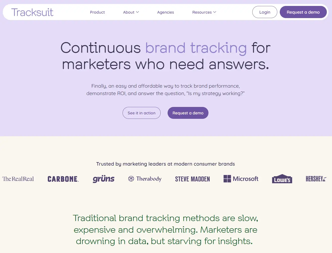 Tracksuit homepage promoting continuous brand tracking for marketers